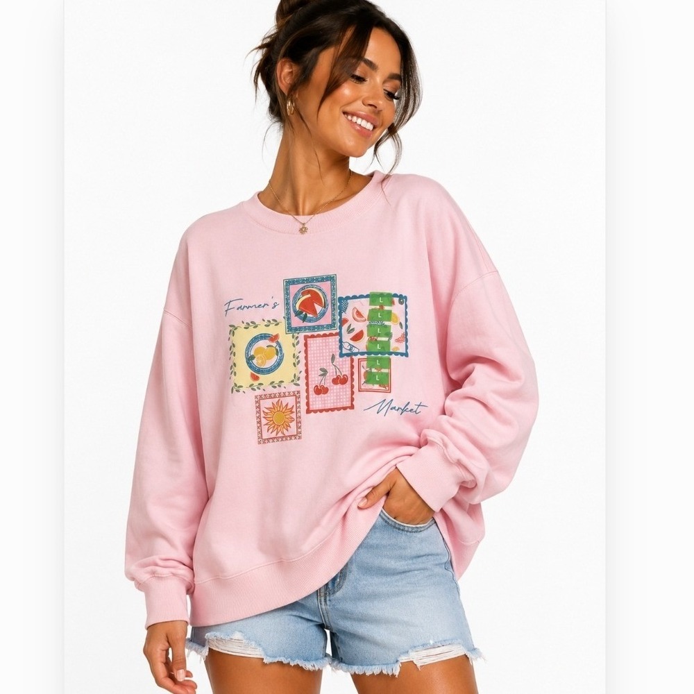 Feeling Festive Sweatshirt Women S Pink Farmers Market Fruit Graphic Pullover